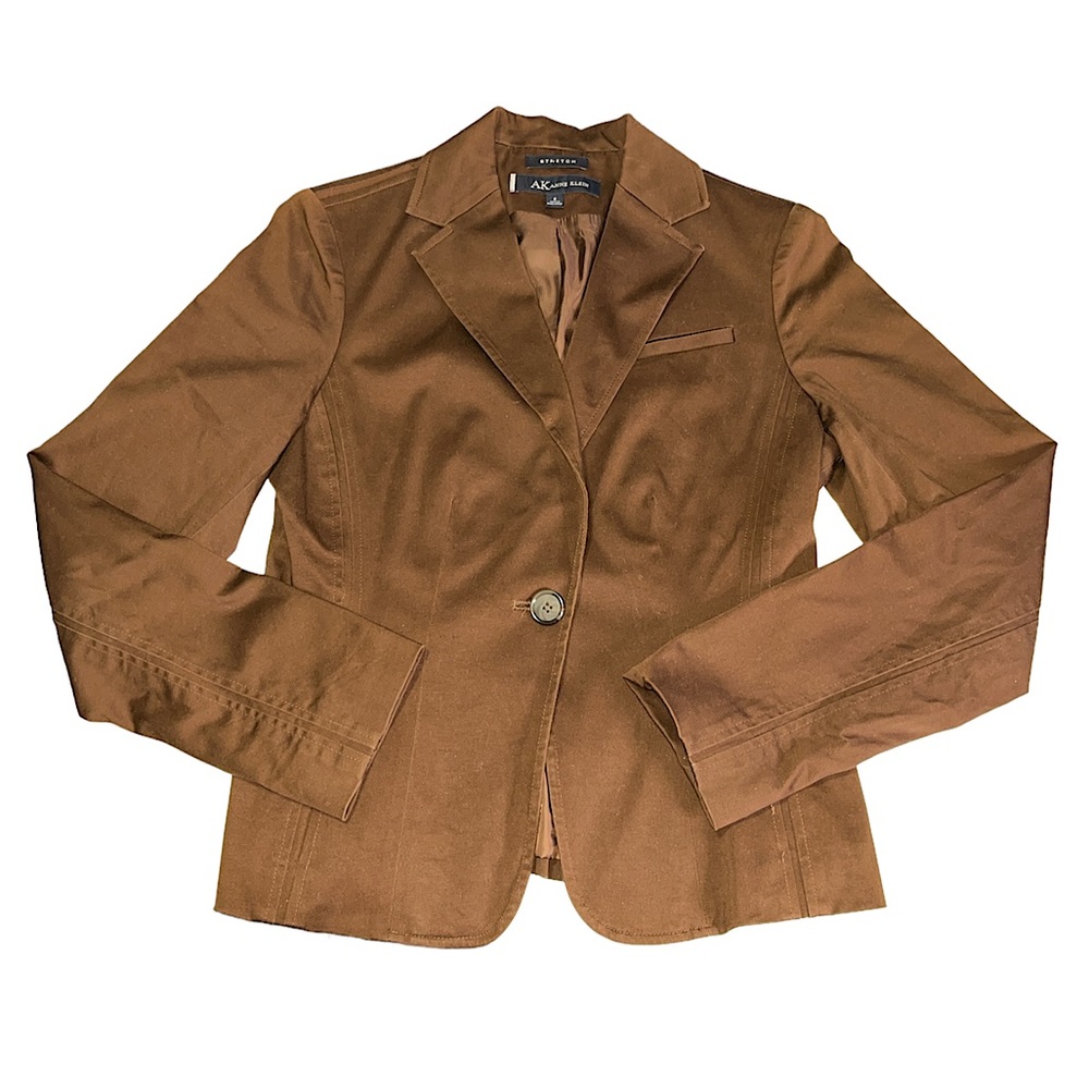 Anne Klein Stretch Brown High Hip Single Breasted One Button Blazer Peak Lapel S
